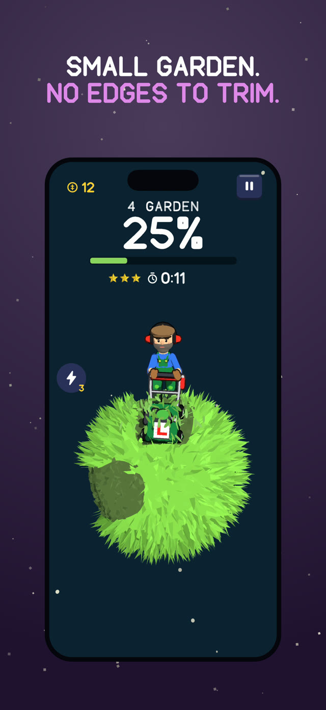 Small garden. No edges to trim. A phone showing the game.